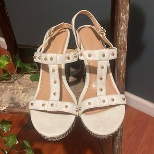 Strappy gold studded wedge sandals